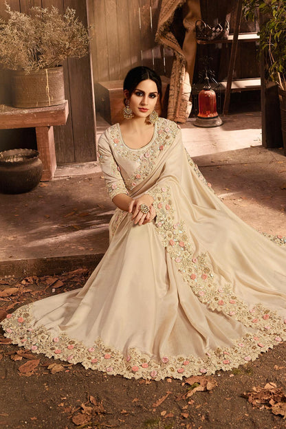 Cream Designer Party Wear Silk Sari