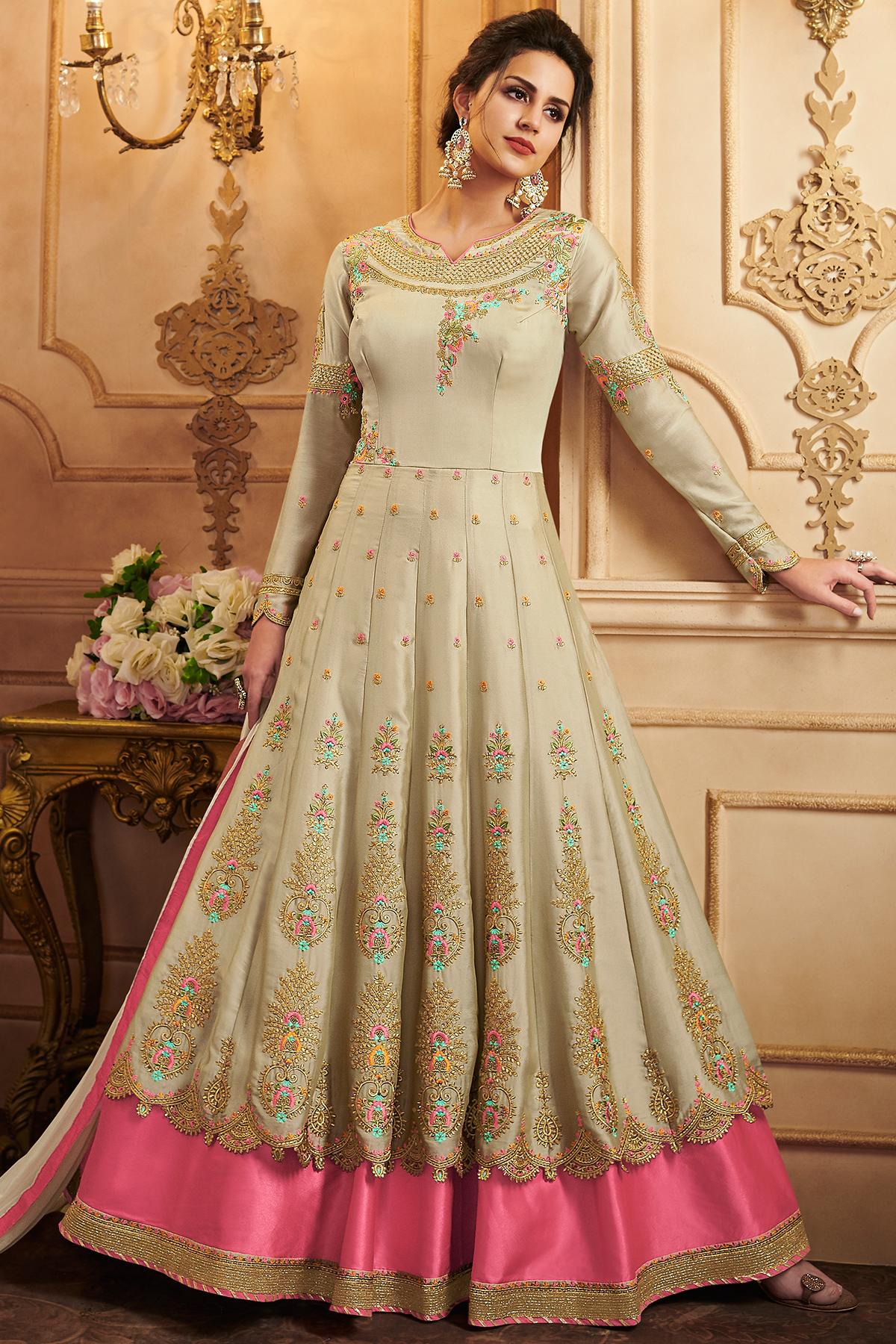 Cream Designer Silk Lehenga Style Suit