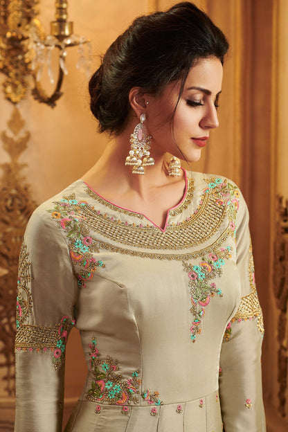 Cream Designer Silk Lehenga Style Suit