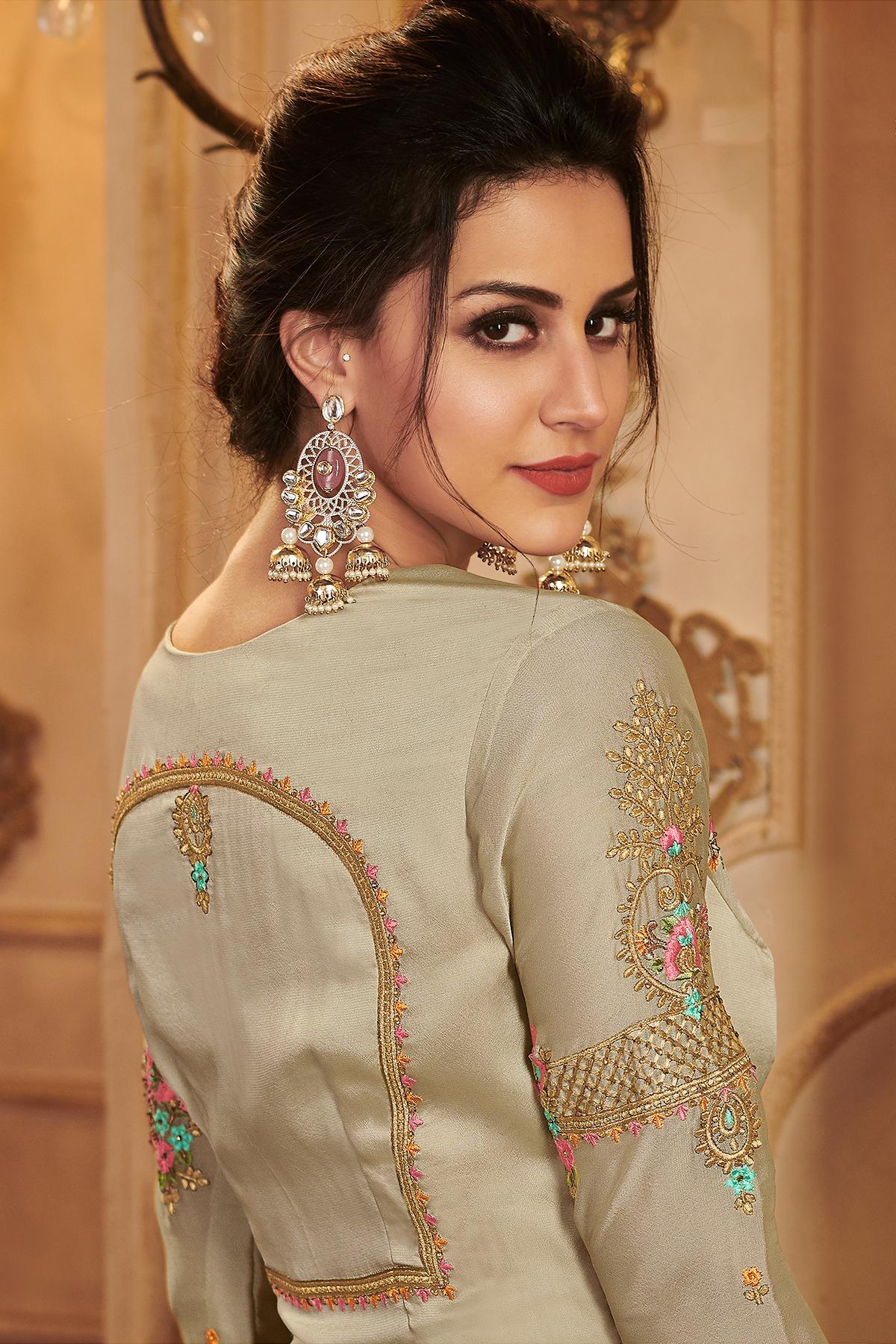 Cream Designer Silk Lehenga Style Suit
