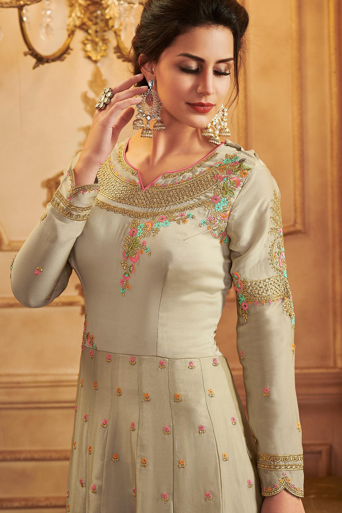 Cream Designer Silk Lehenga Style Suit