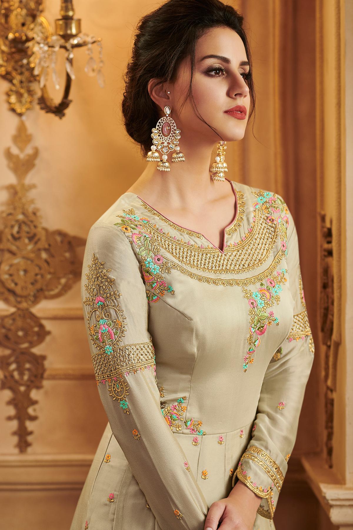 Cream Designer Silk Lehenga Style Suit