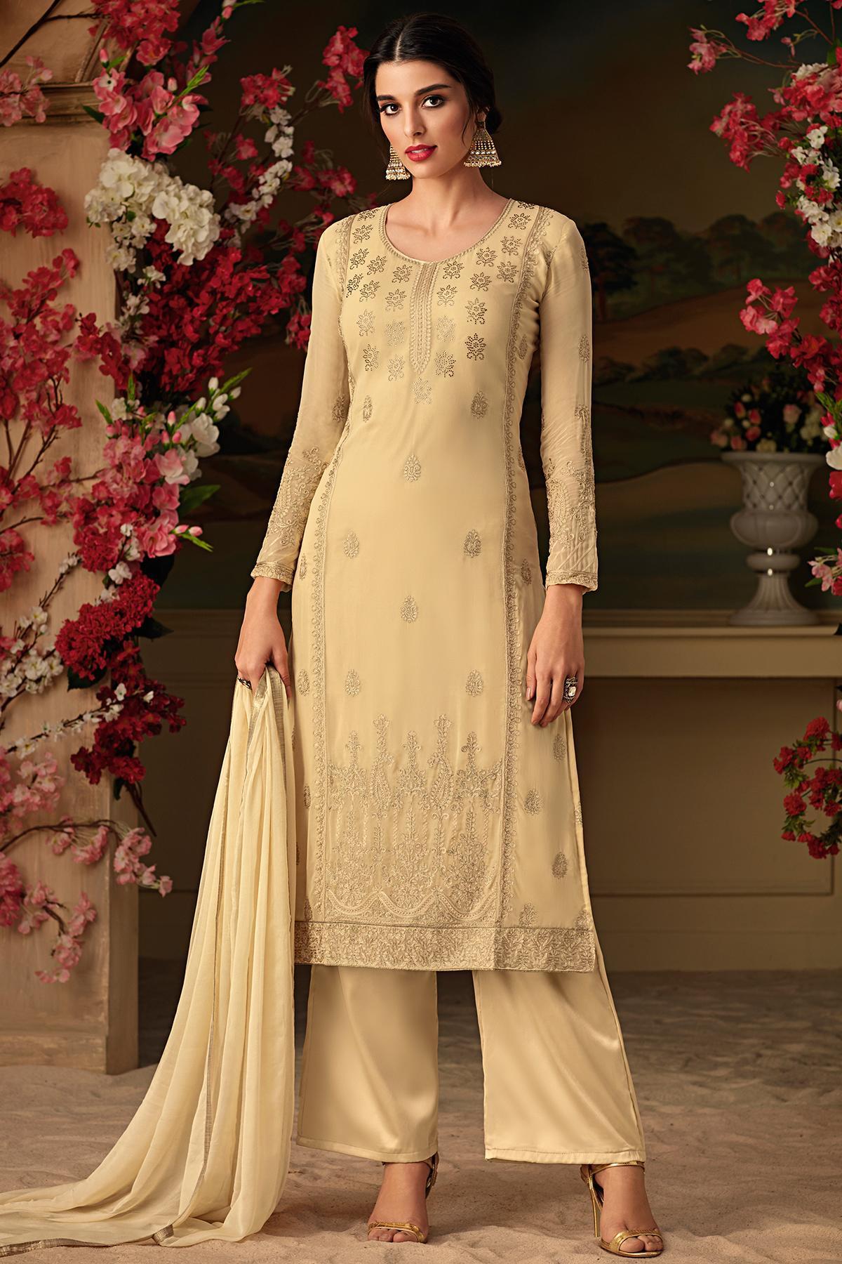 Cream Embroidered Designer Casual Suit