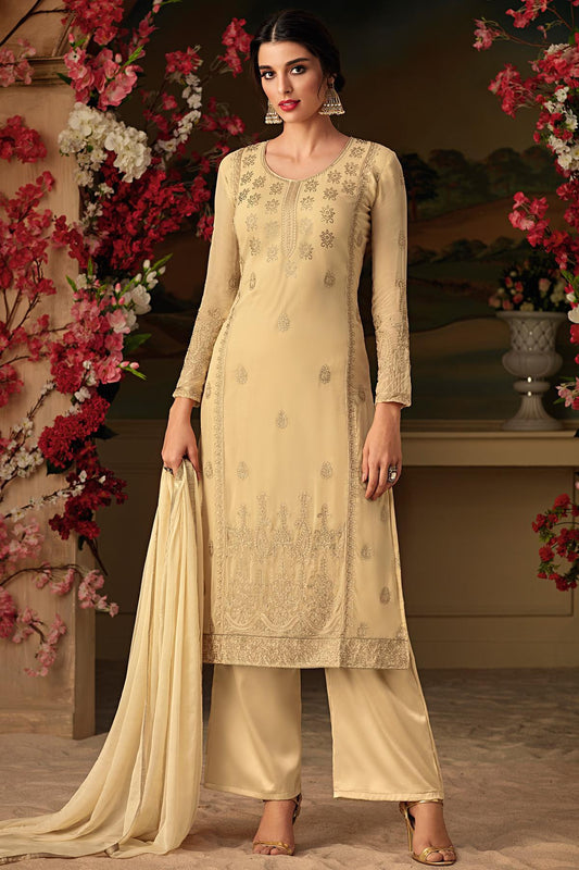 Cream Embroidered Designer Casual Suit