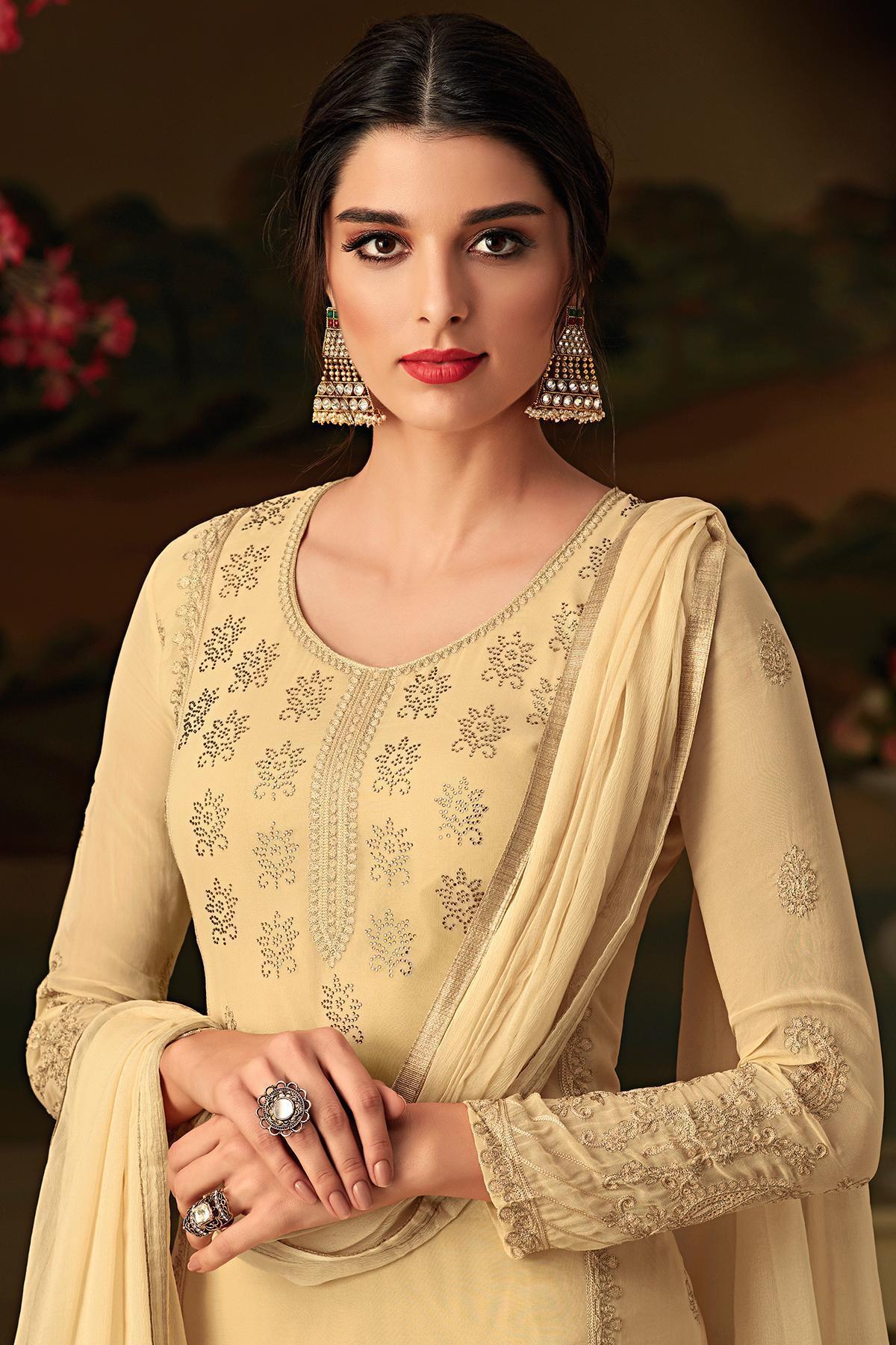 Cream Embroidered Designer Casual Suit