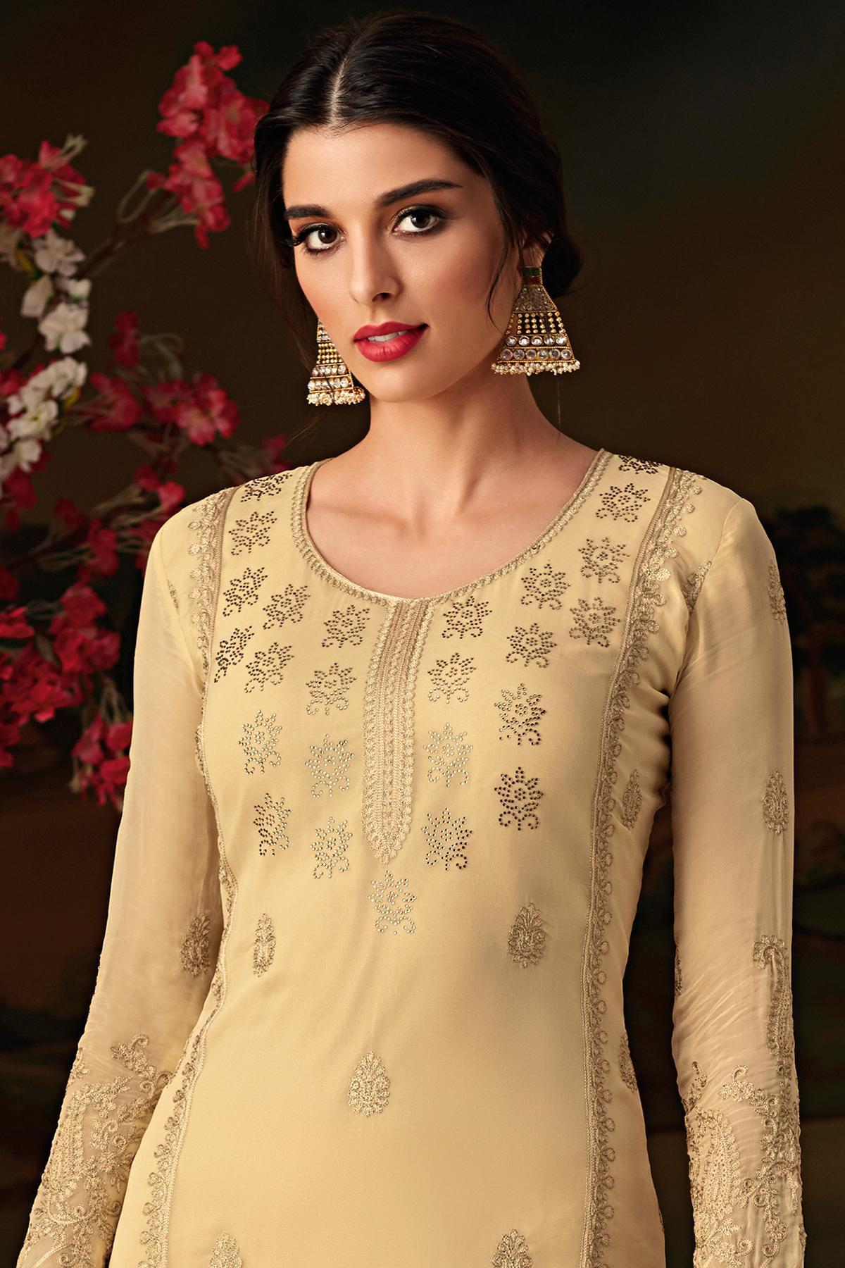 Cream Embroidered Designer Casual Suit