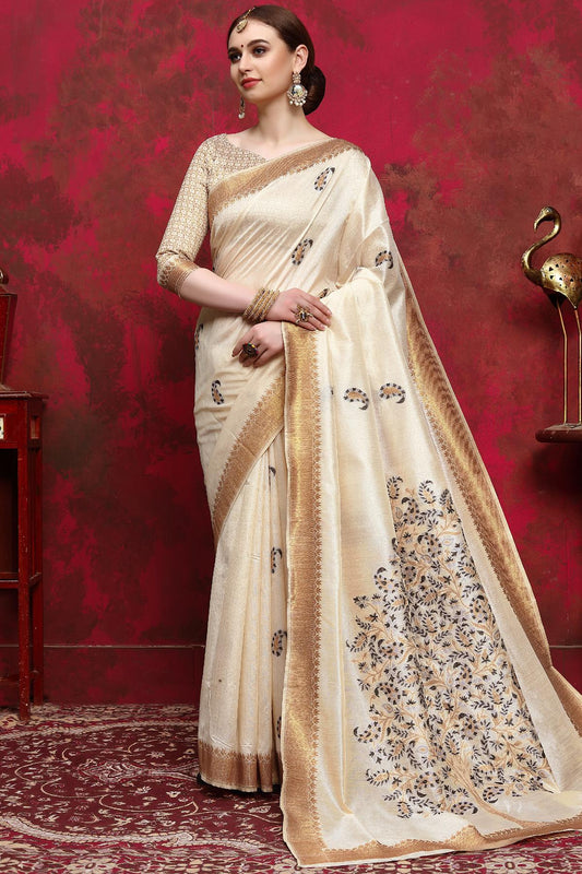 Cream Foil Printed Designer Silk Sari