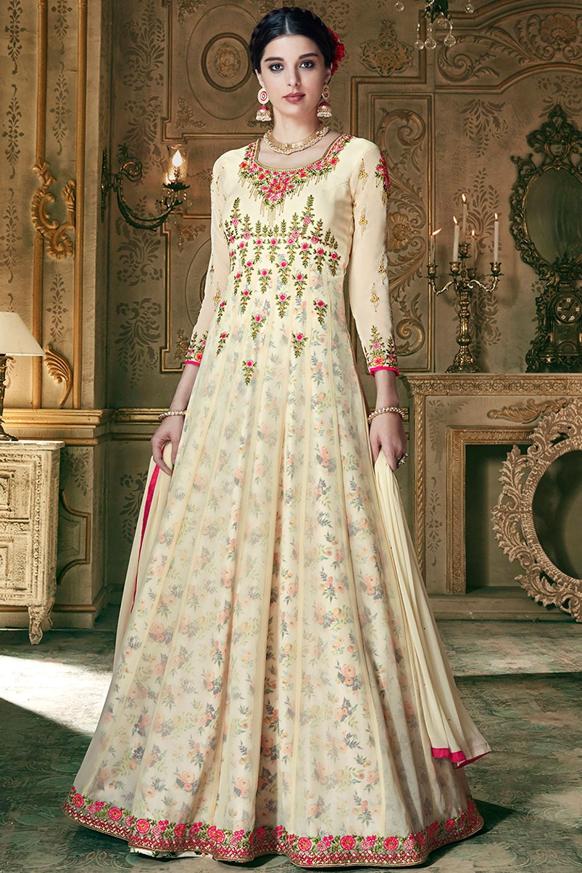 Cream Georgette Embroidered Anarkali Suit