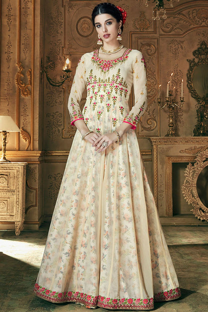 Cream Georgette Embroidered Anarkali Suit