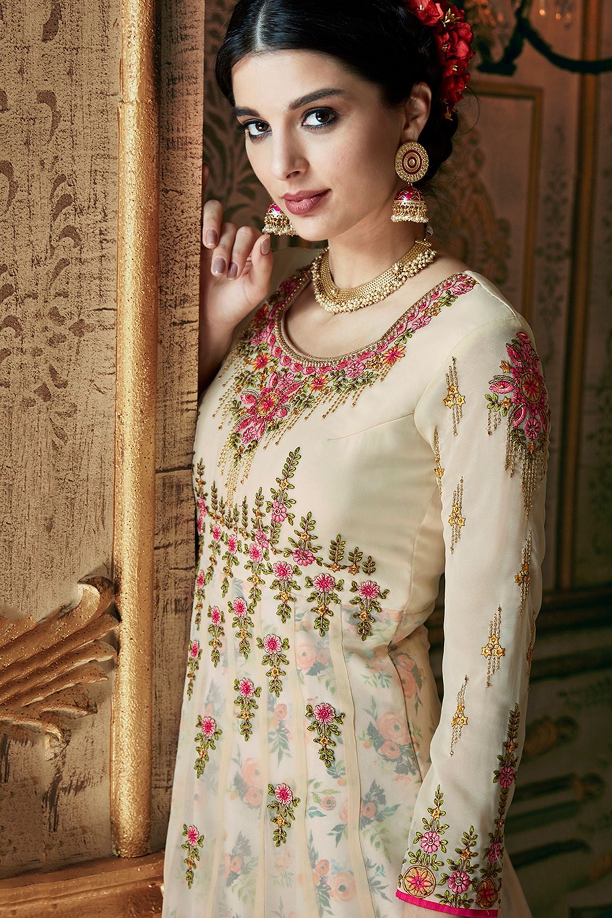 Cream Georgette Embroidered Anarkali Suit