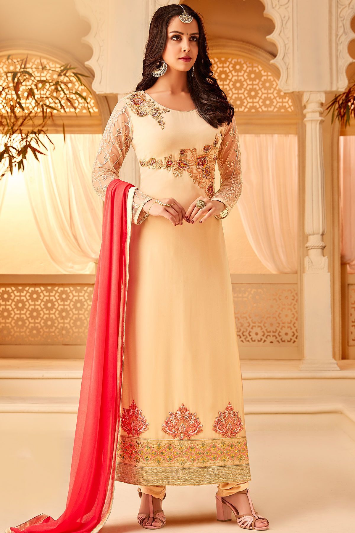 Cream Georgette embroidered Straight Suit