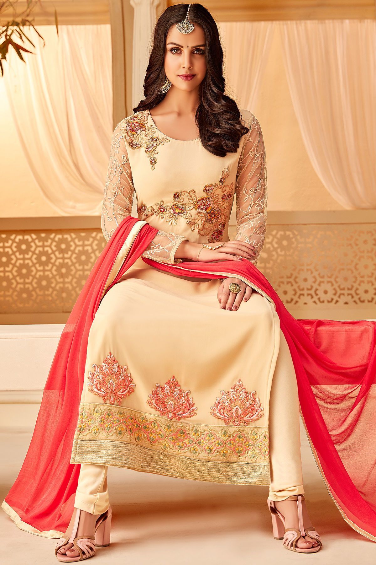 Cream Georgette embroidered Straight Suit