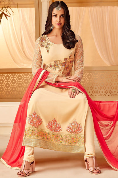 Cream Georgette embroidered Straight Suit