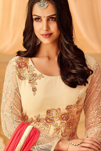 Cream Georgette embroidered Straight Suit