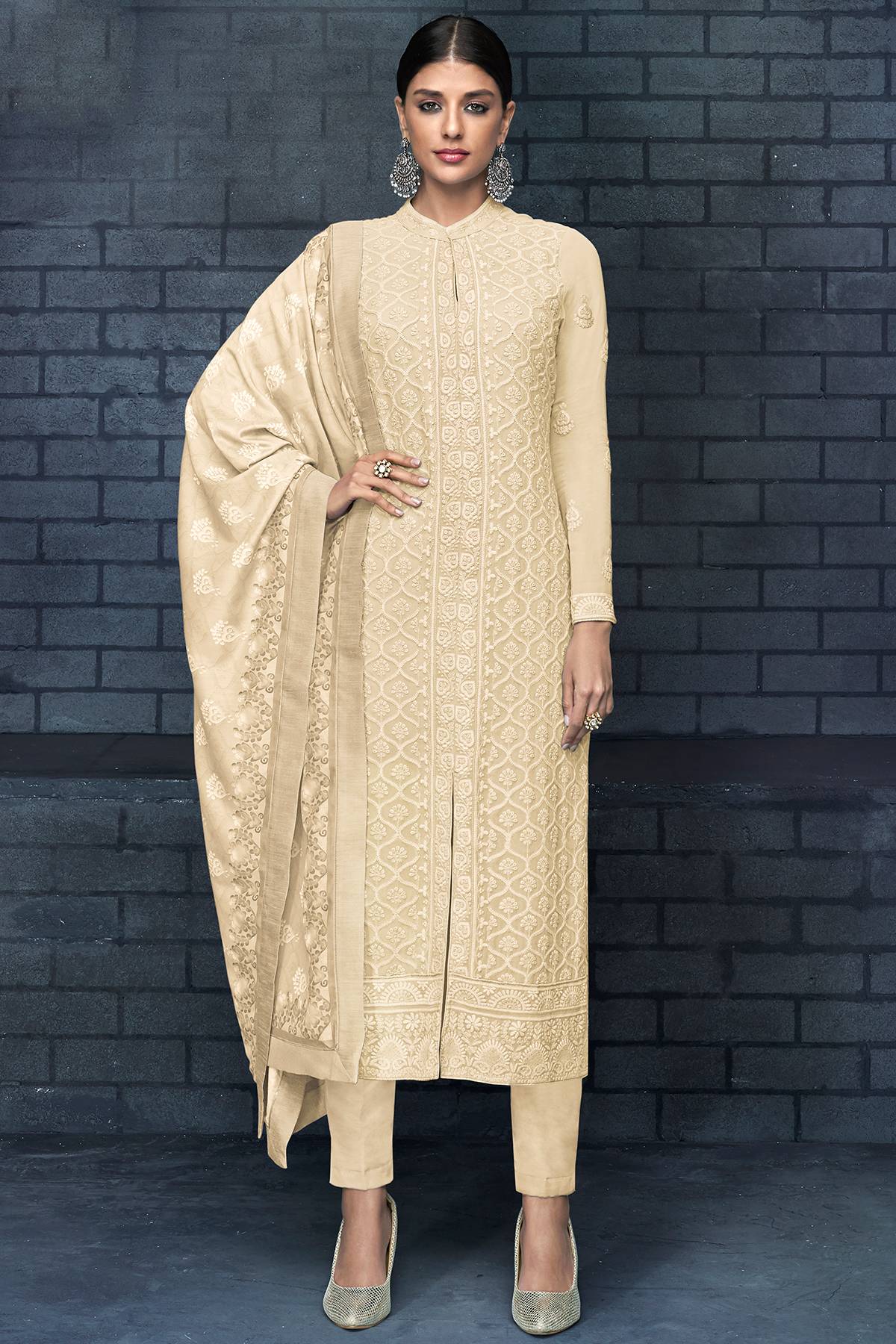 Cream Georgette Lakhnavi Straight Suit