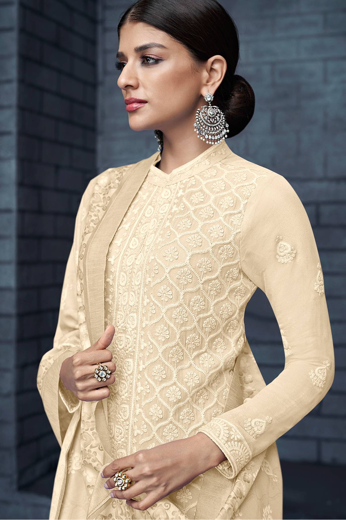 Cream Georgette Lakhnavi Straight Suit