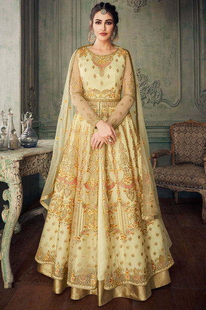 Cream Heavy Net Slit Cut Party Wear Anarkali Suit