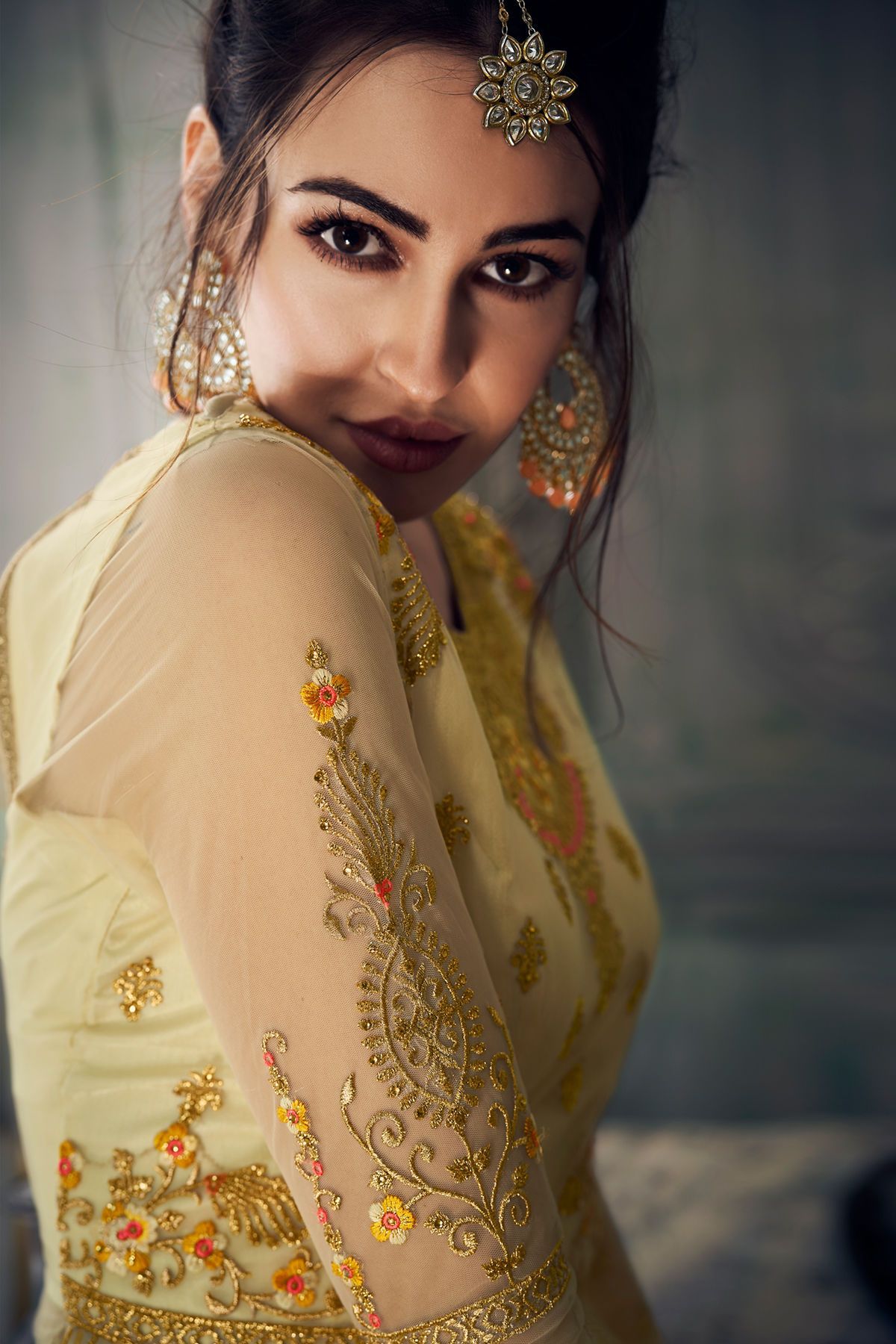 Cream Heavy Net Slit Cut Party Wear Anarkali Suit