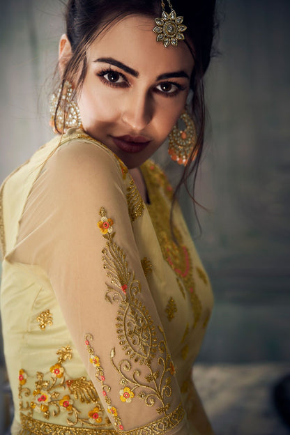 Cream Heavy Net Slit Cut Party Wear Anarkali Suit