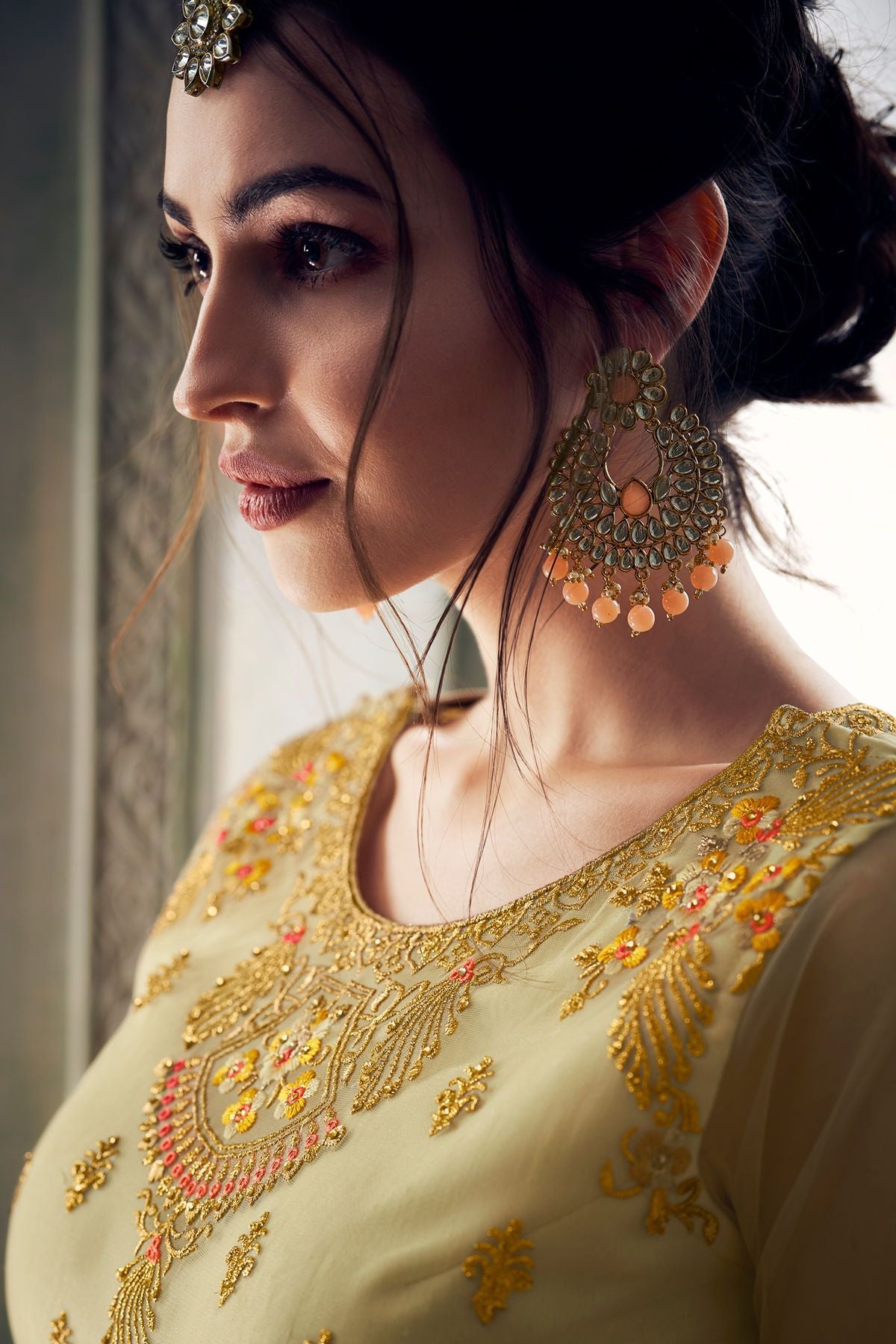 Cream Heavy Net Slit Cut Party Wear Anarkali Suit