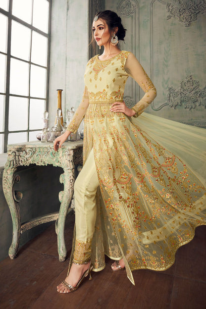 Cream Heavy Net Slit Cut Party Wear Anarkali Suit