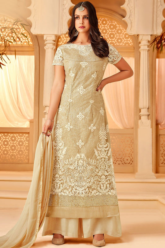 Cream Net embroidered Party Wear Palazzo Suit