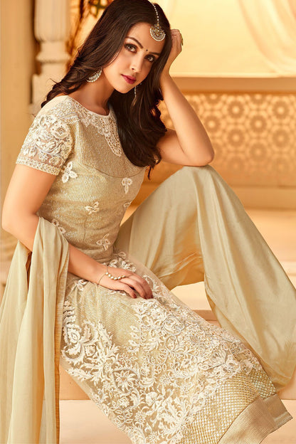 Cream Net embroidered Party Wear Palazzo Suit