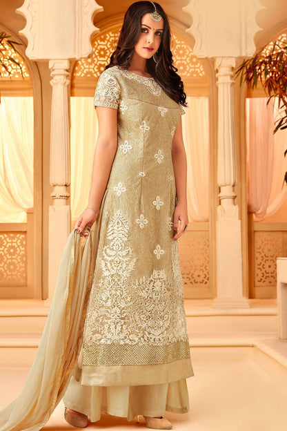 Cream Net embroidered Party Wear Palazzo Suit