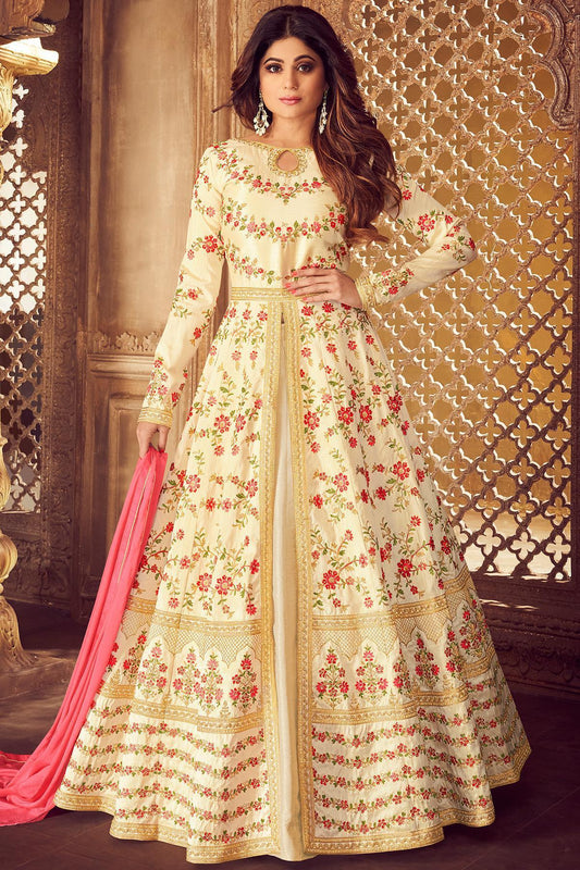 Cream Silk Party Wear Anarkali Suit