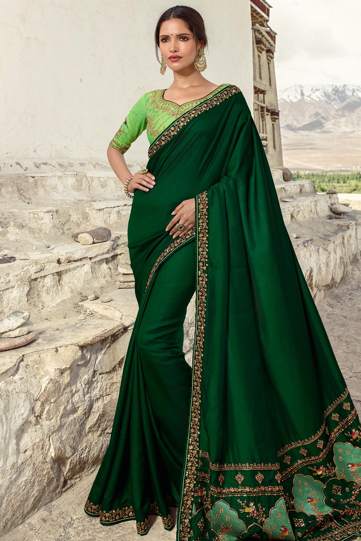 Dark And Pista Green Designer Silk Sari