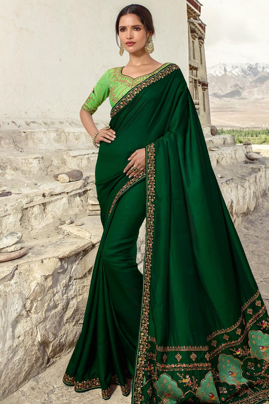 Dark And Pista Green Designer Silk Sari