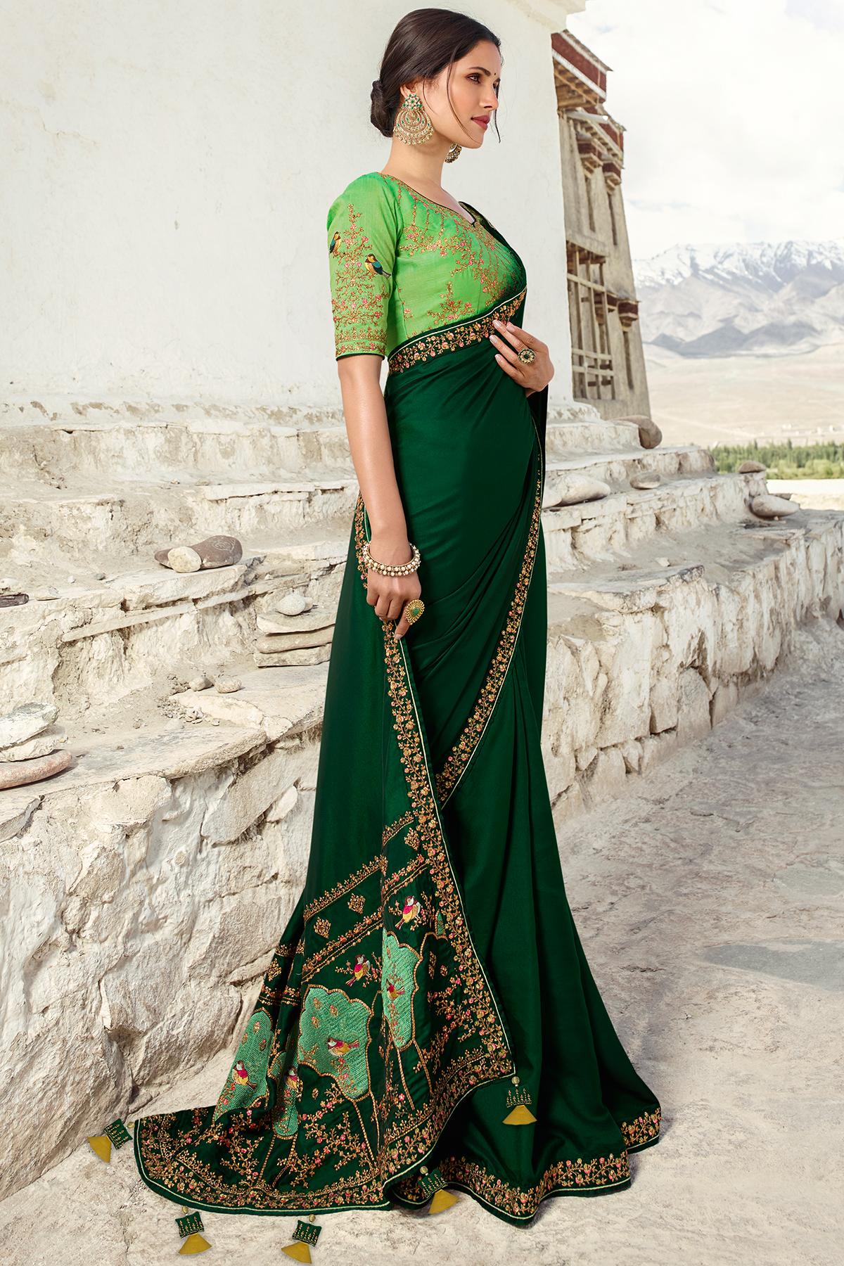 Dark And Pista Green Designer Silk Sari