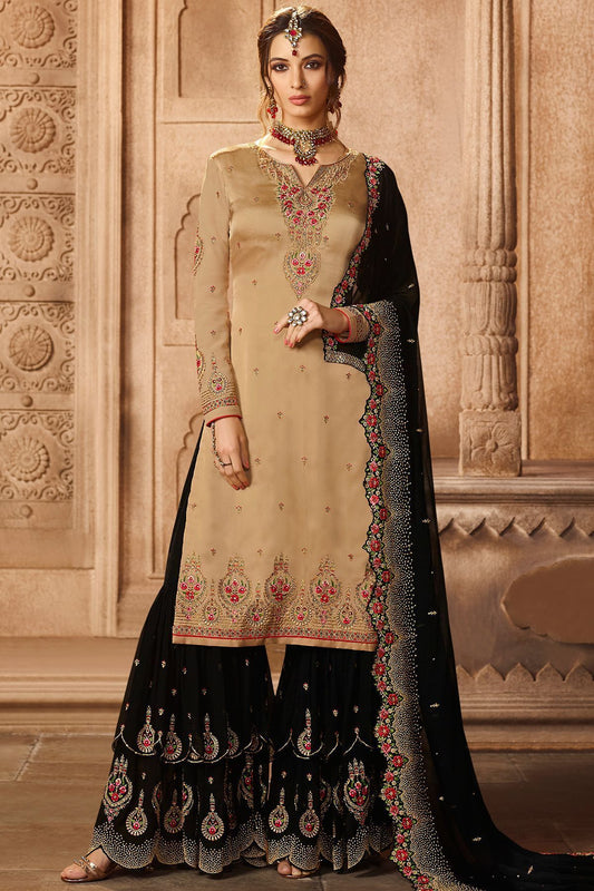 Dark Beige and Black Georgette Palazzo Suit