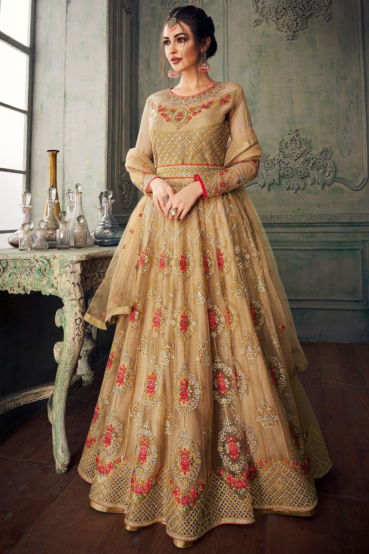 Dark Beige Heavy Net Embroidered Anarkali Suit