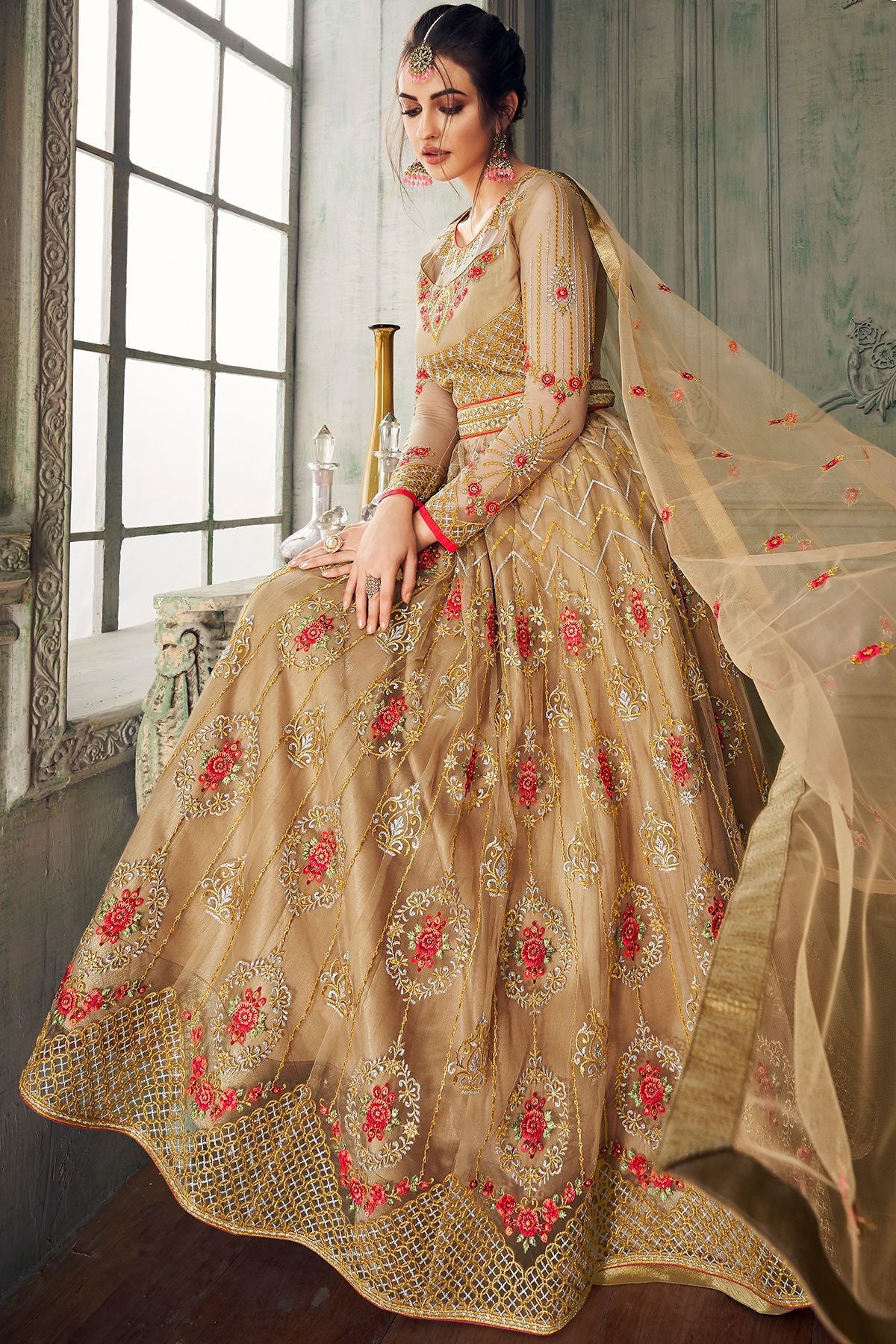 Dark Beige Heavy Net Embroidered Anarkali Suit