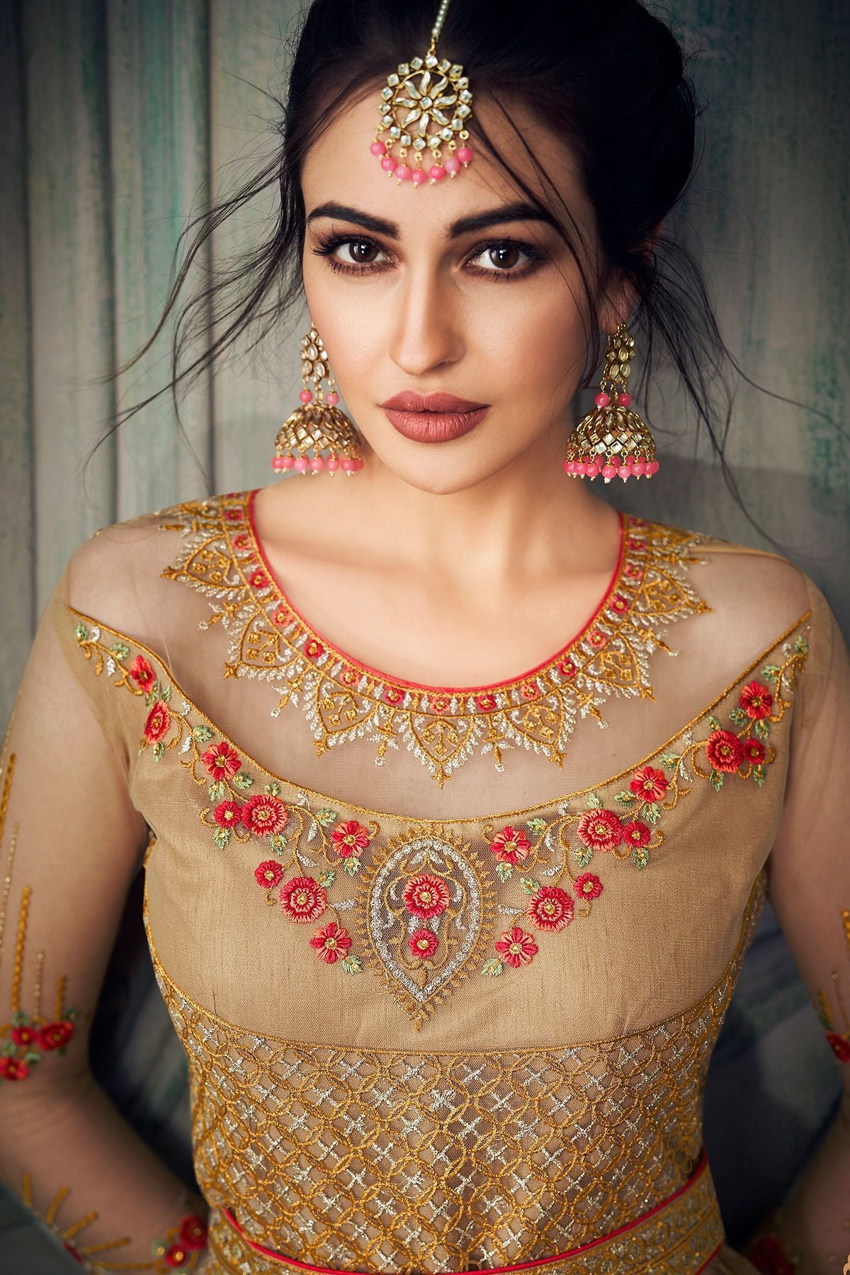 Dark Beige Heavy Net Embroidered Anarkali Suit