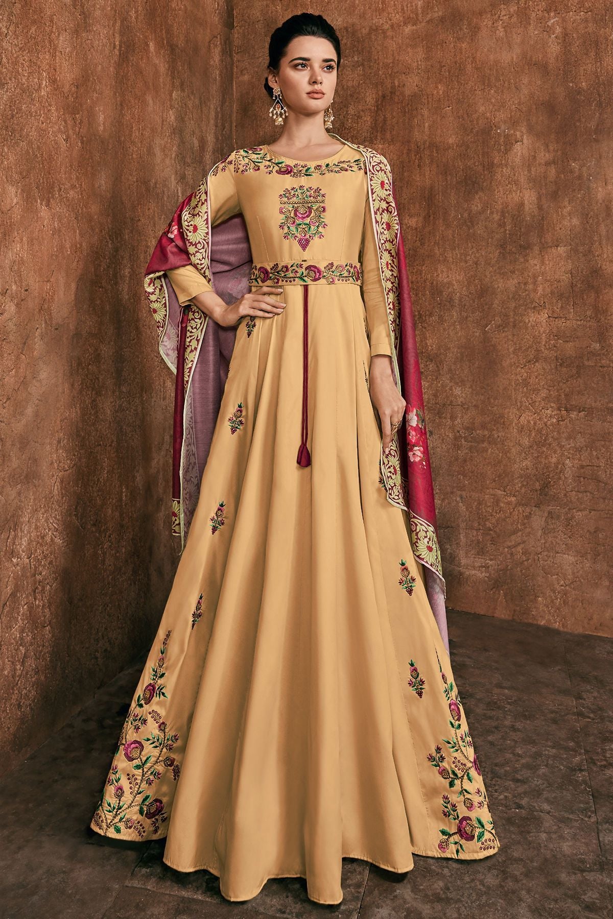Dark Beige Reyon Party Wear Anarkali Suit