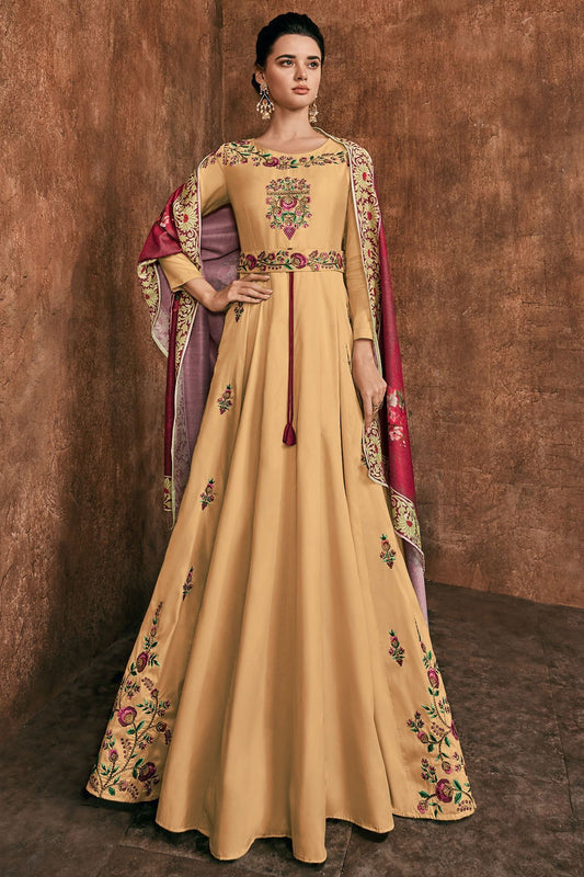 Dark Beige Reyon Party Wear Anarkali Suit
