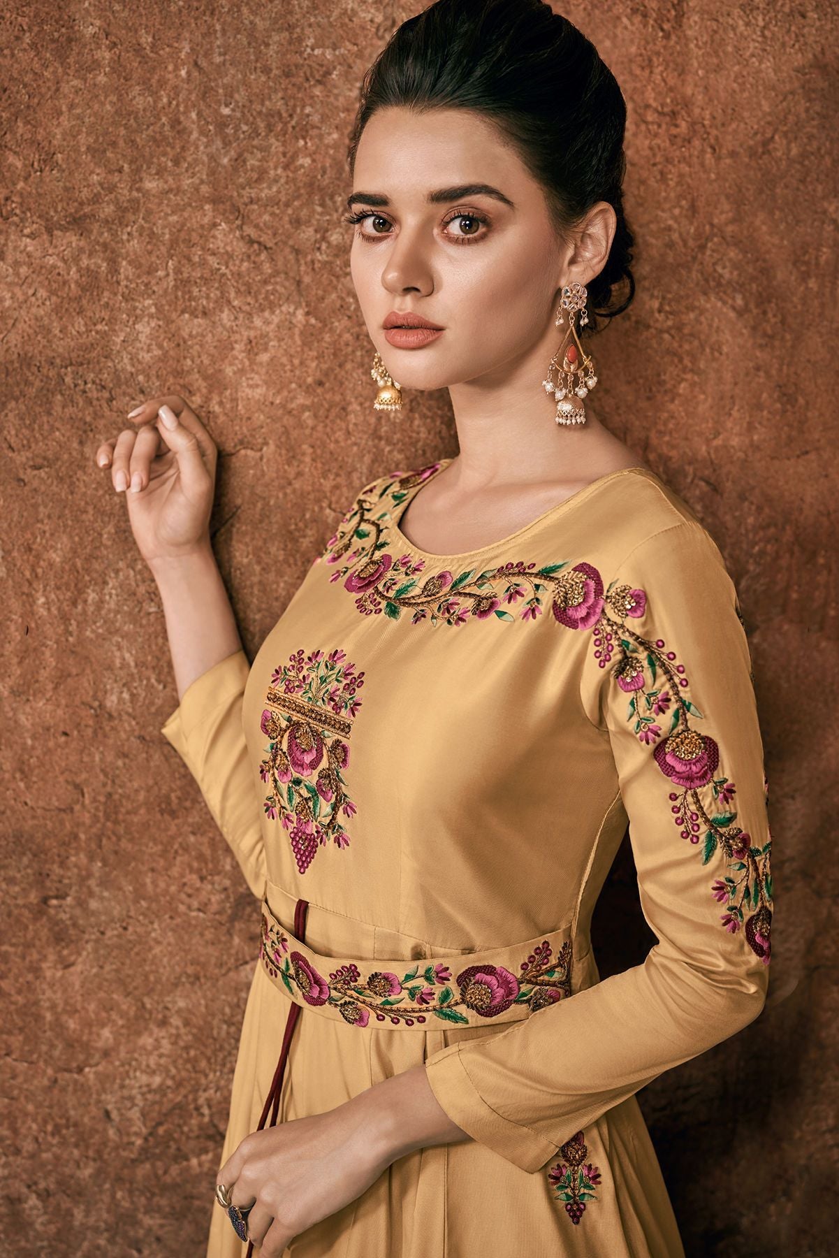 Dark Beige Reyon Party Wear Anarkali Suit