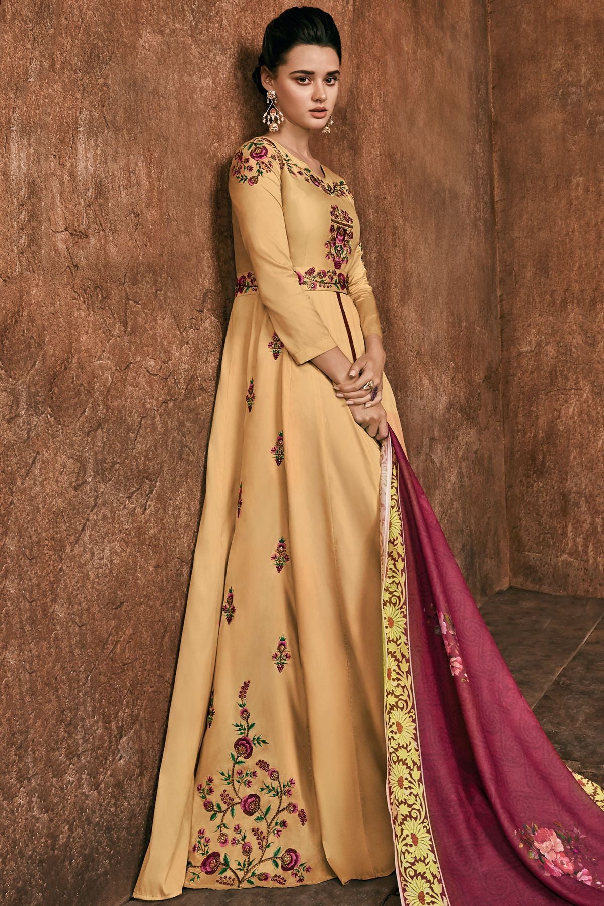 Dark Beige Reyon Party Wear Anarkali Suit