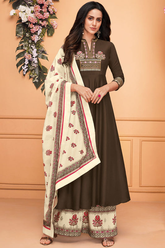 Dark Brown Maslin Designer Palazzo Suit