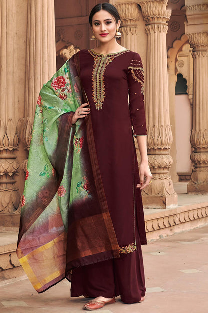 Dark Brown Traditional Party Wear Palazzo Suit