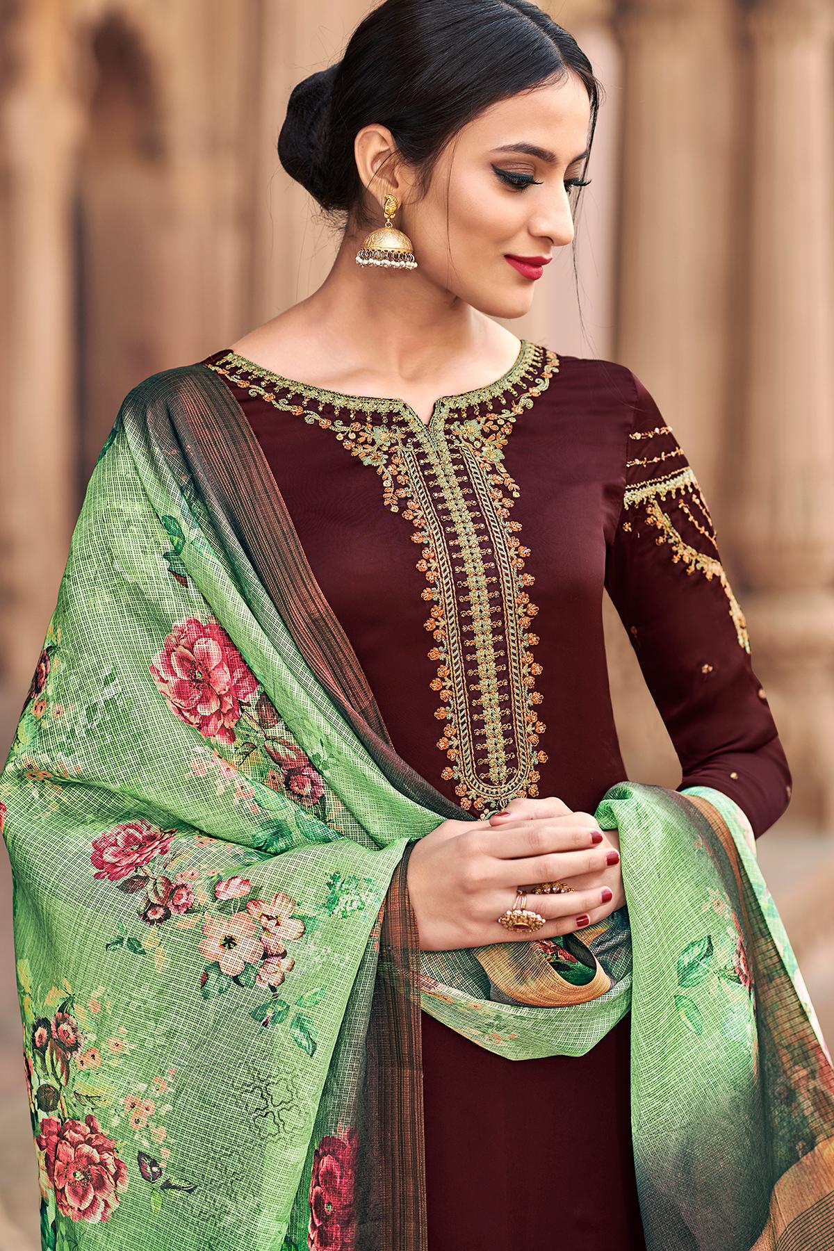 Dark Brown Traditional Party Wear Palazzo Suit