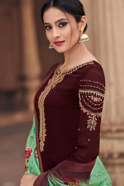 Dark Brown Traditional Party Wear Palazzo Suit