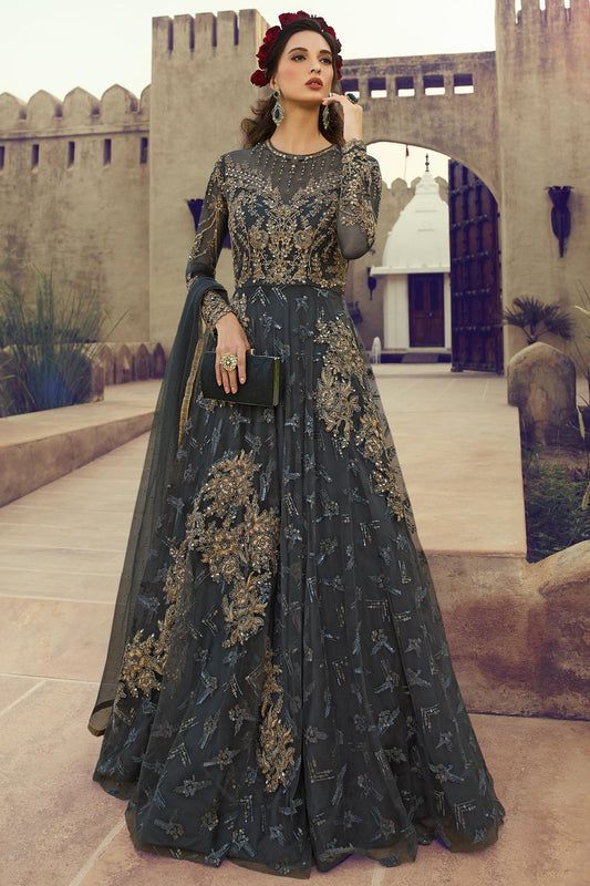 Dark Grey Designer Butterfly Net Anarkali Suit