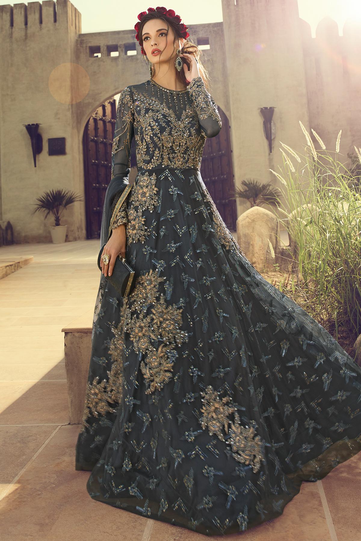 Dark Grey Designer Butterfly Net Anarkali Suit