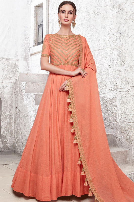 Dark Peach Designer Cotton Maslin Gown