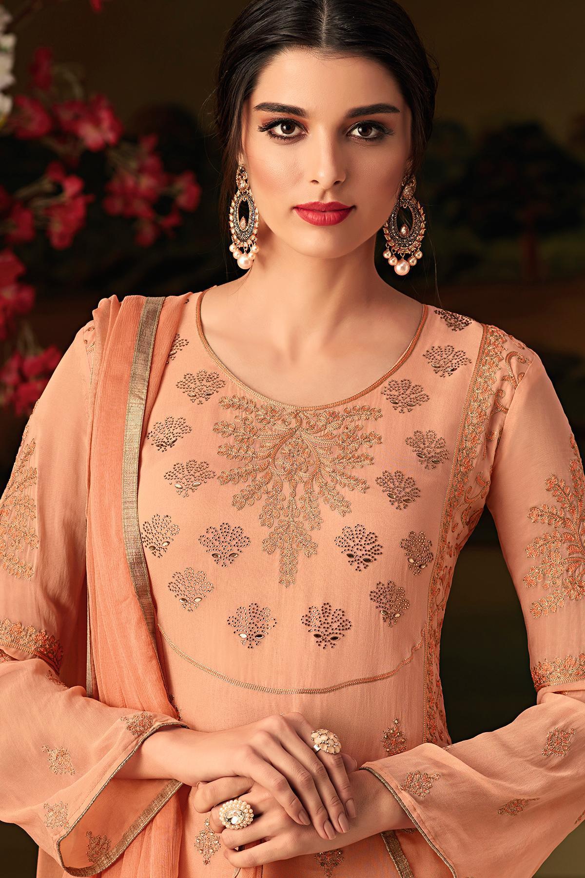 Dark Peach Embroidered Designer Casual Suit