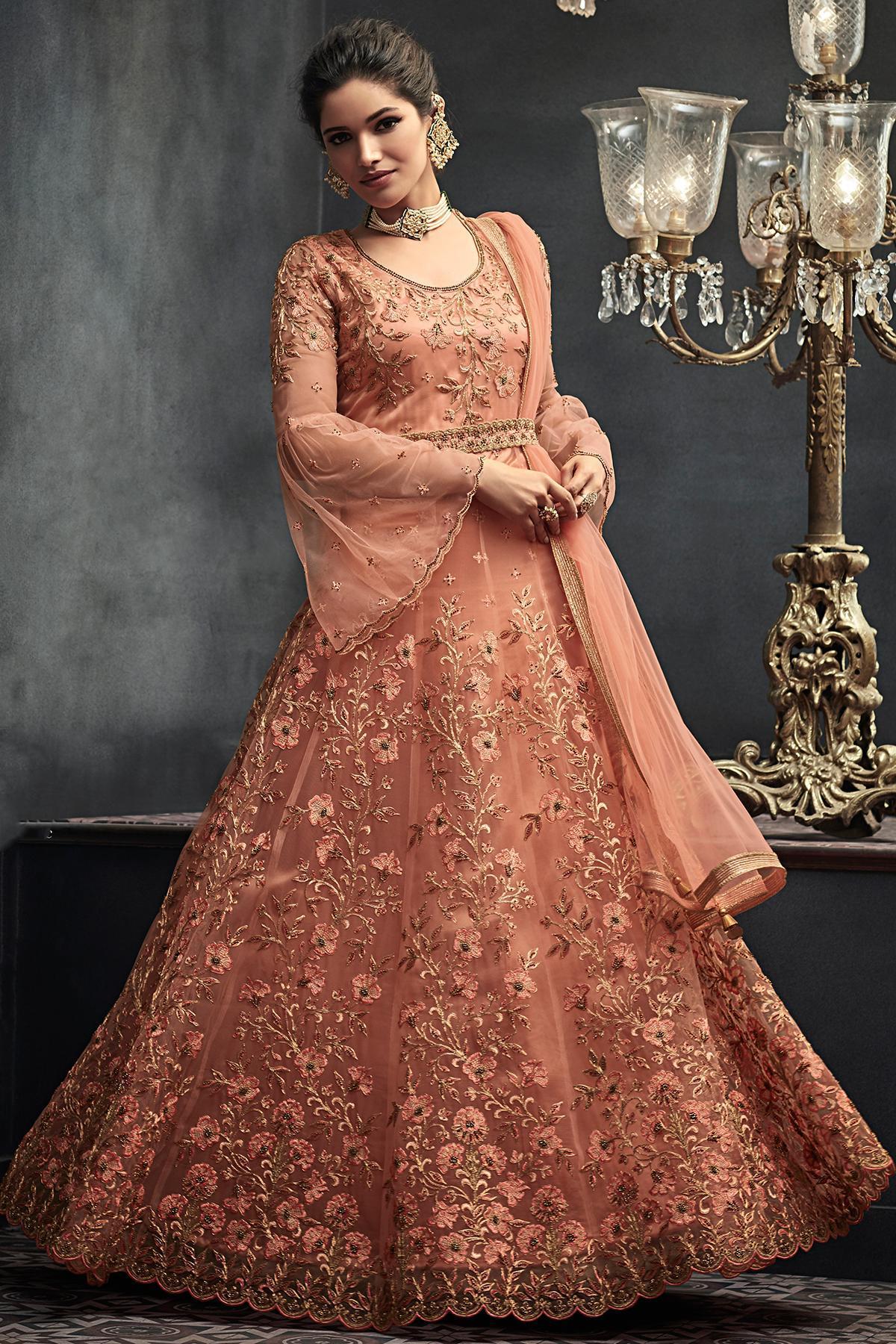 Dark Peach Net Party Wear Anarkali Suit
