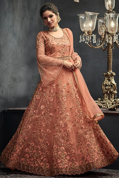 Dark Peach Net Party Wear Anarkali Suit